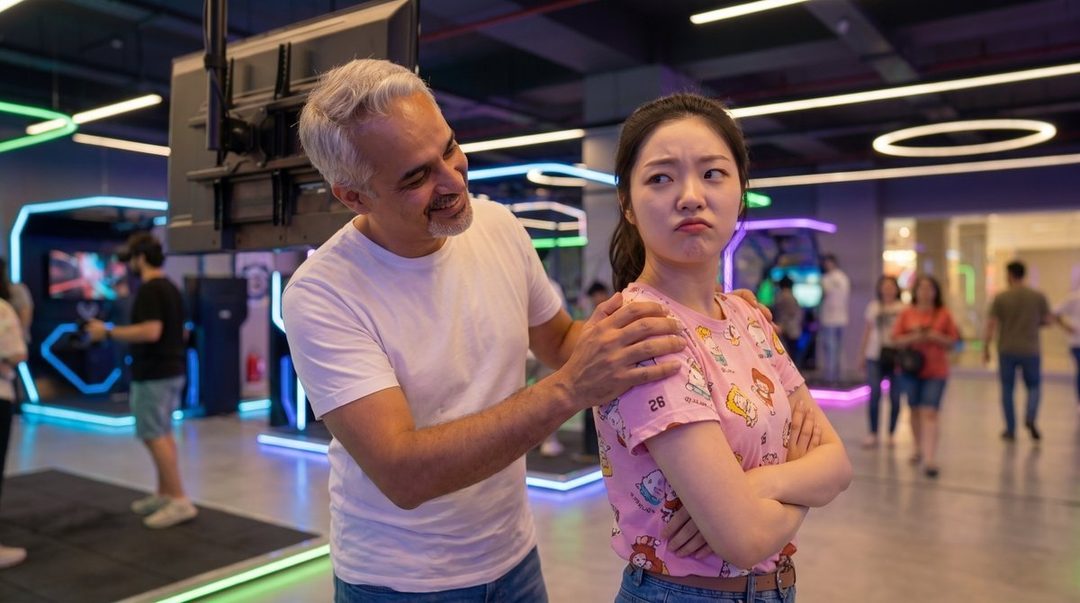 A man with gray hair playfully touches a young woman's shoulder as she looks away with a displeased expression in a VR arcade.