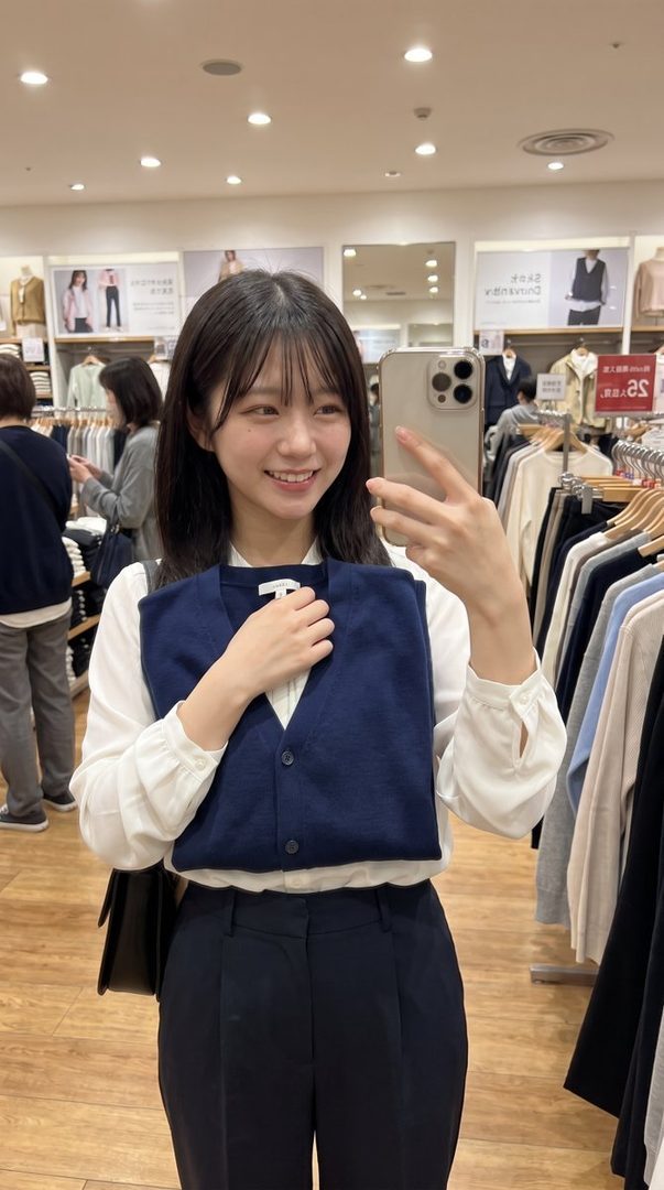 A young East Asian woman with dark hair and bangs smiles as she takes a selfie in a clothing store, holding up a navy blue vest over a white blouse and dark pants.