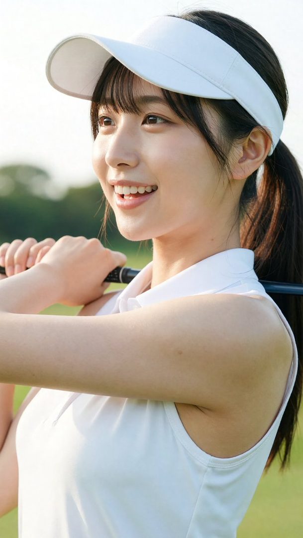 A young Japanese woman in a white visor and sleeveless polo shirt smiles while holding a golf club outdoors.