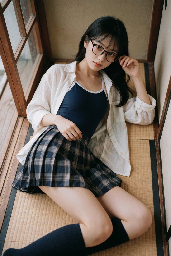 A young woman with long black hair and glasses, wearing a dark blue tank top, a white unbuttoned shirt, a plaid pleated skirt, and dark socks, poses indoors.