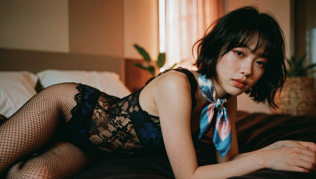 A young East Asian woman with short black hair and bangs, wearing a black lace bodysuit and fishnet stockings, poses suggestively on a bed.