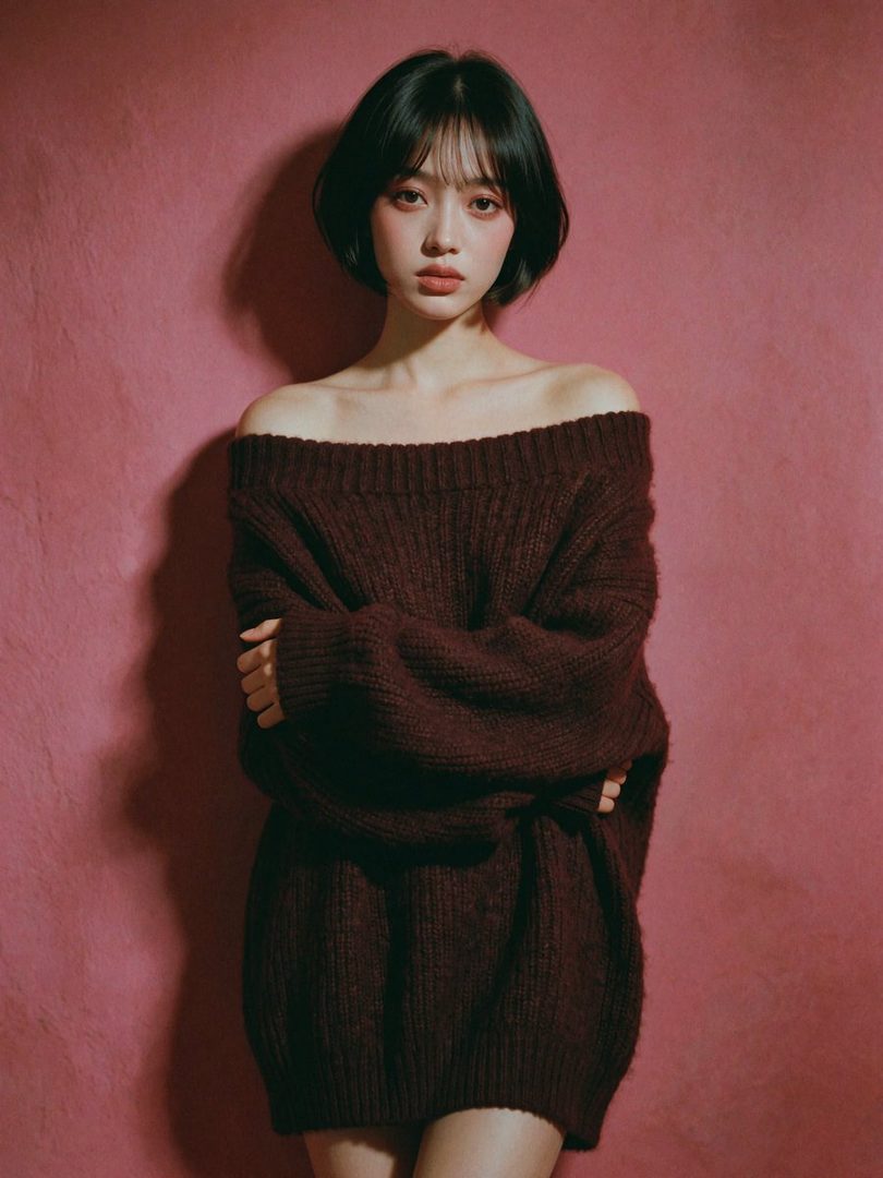 A young woman with short black hair and bangs, wearing an off-the-shoulder dark red knit sweater, poses against a pink textured background.