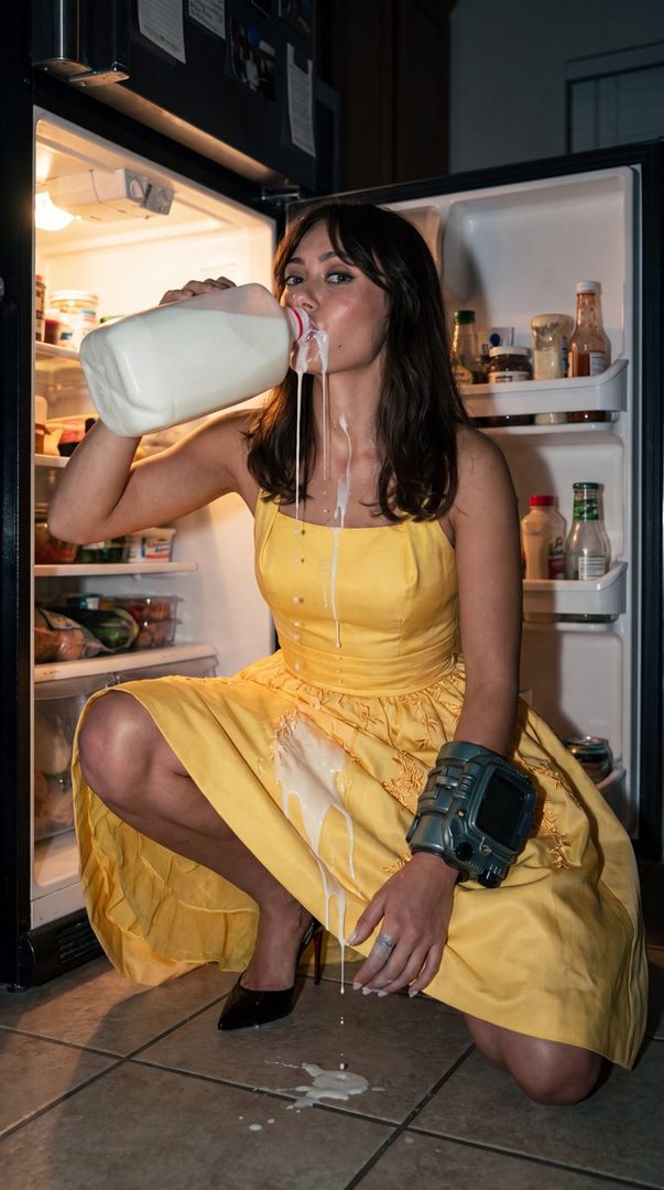 A woman in a yellow dress crouches in front of an open refrigerator, drinking directly from a gallon of milk, with milk spilling down her dress and onto the floor.