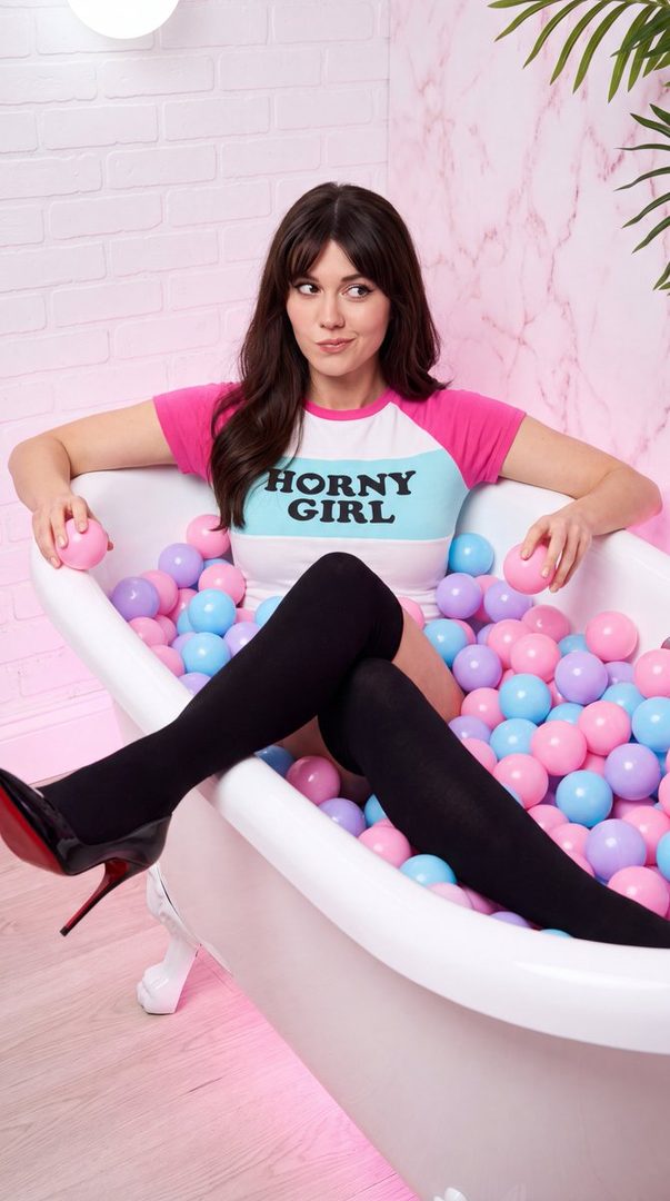 A woman with long dark hair sits in a bathtub filled with colorful balls, wearing a t-shirt that says 'HORNY GIRL' and black thigh-high socks with high heels.