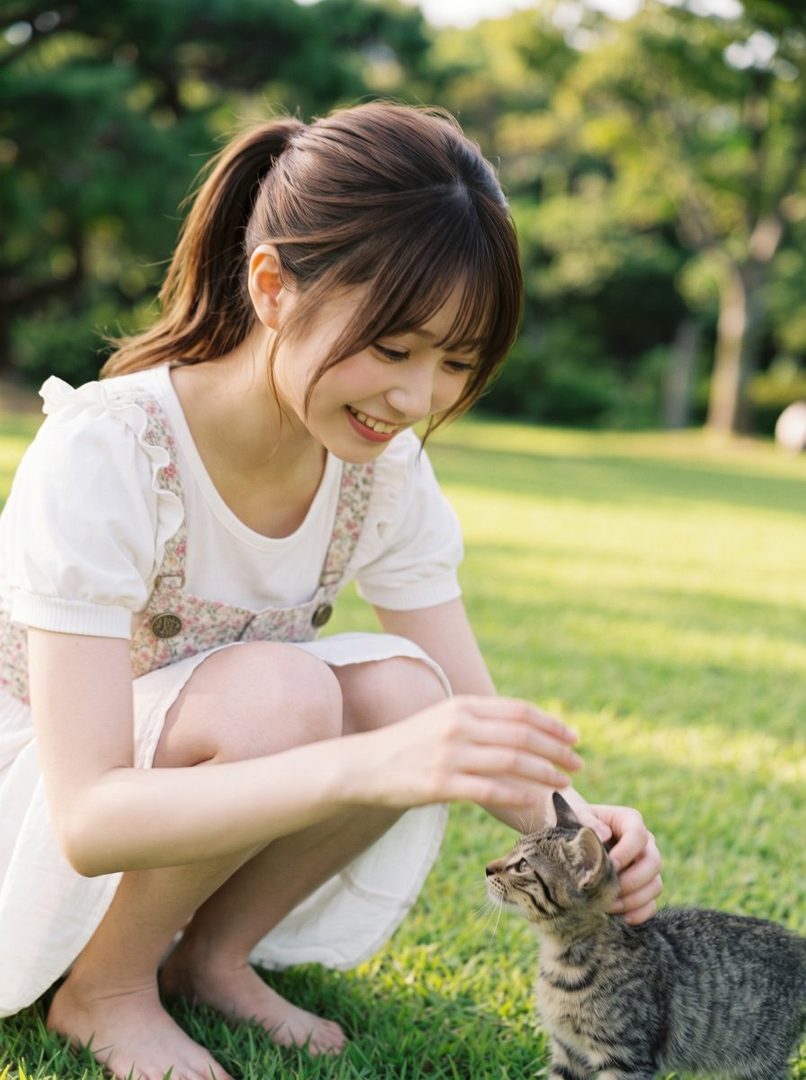 A young woman with brown hair in a ponytail, wearing a white dress with a floral print apron, kneels in a grassy park petting a tabby kitten.
