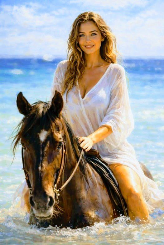 A beautiful woman with long blonde hair rides a horse in the ocean, wearing a sheer white dress.