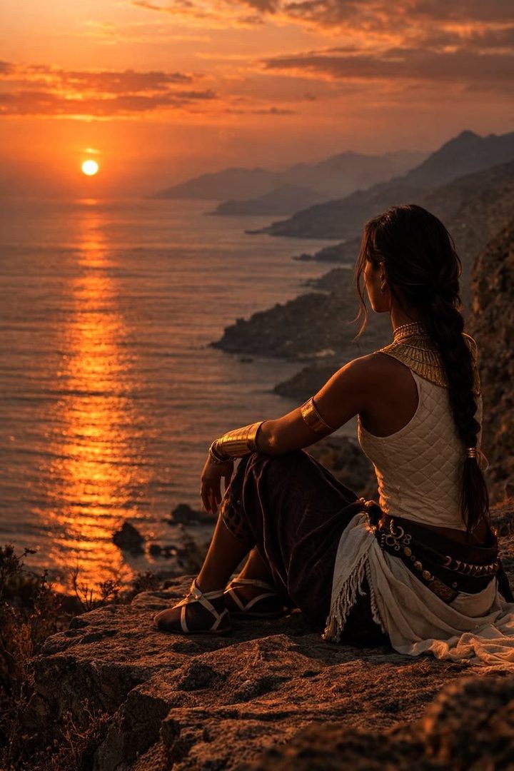 A woman with braided hair sits on a cliff overlooking the ocean at sunset, wearing traditional-looking attire and golden accessories.