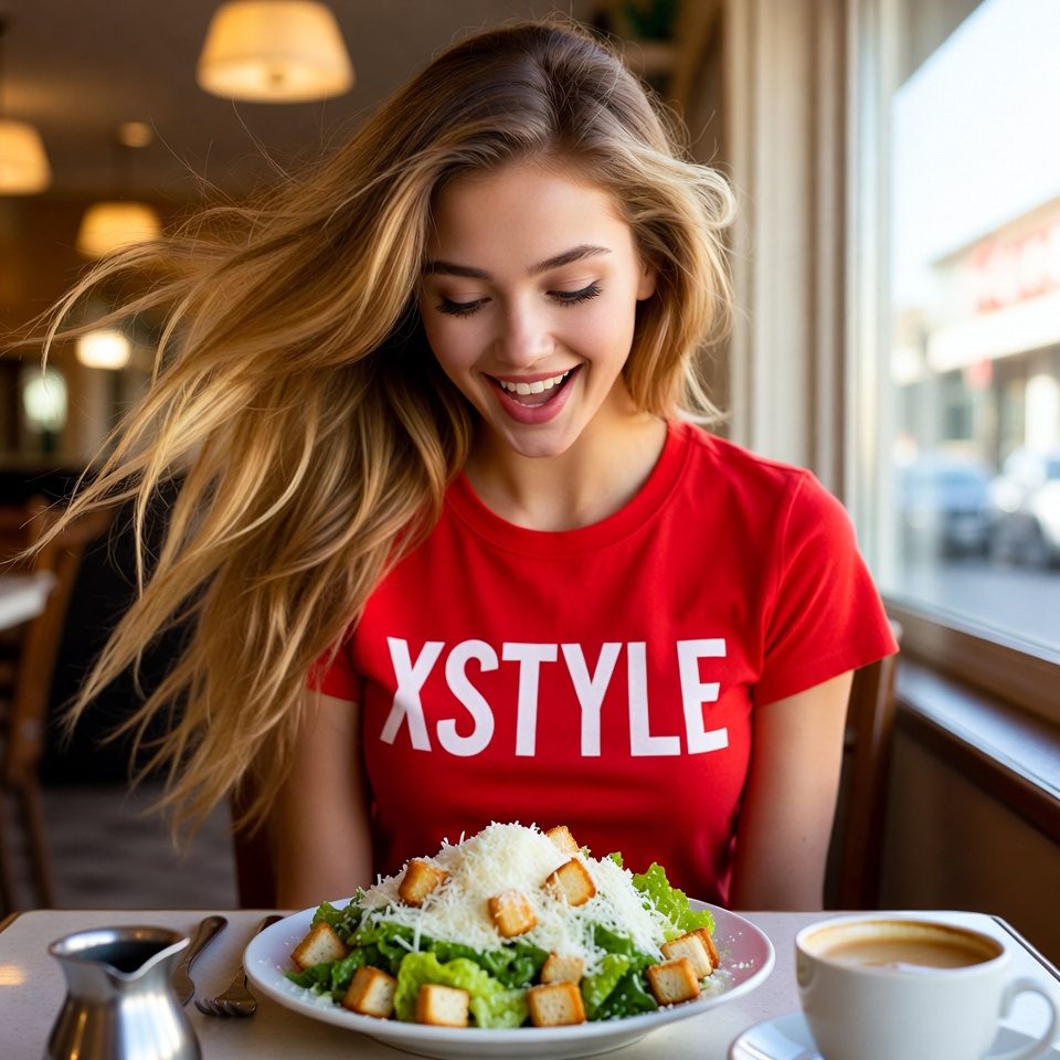 A young woman with long blonde hair smiles brightly while sitting at a table with a salad and coffee.