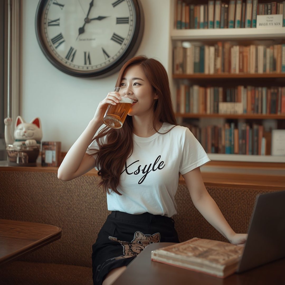 A young East Asian woman with long brown hair drinks from a glass of beer while sitting at a table in a cafe with bookshelves in the background.
