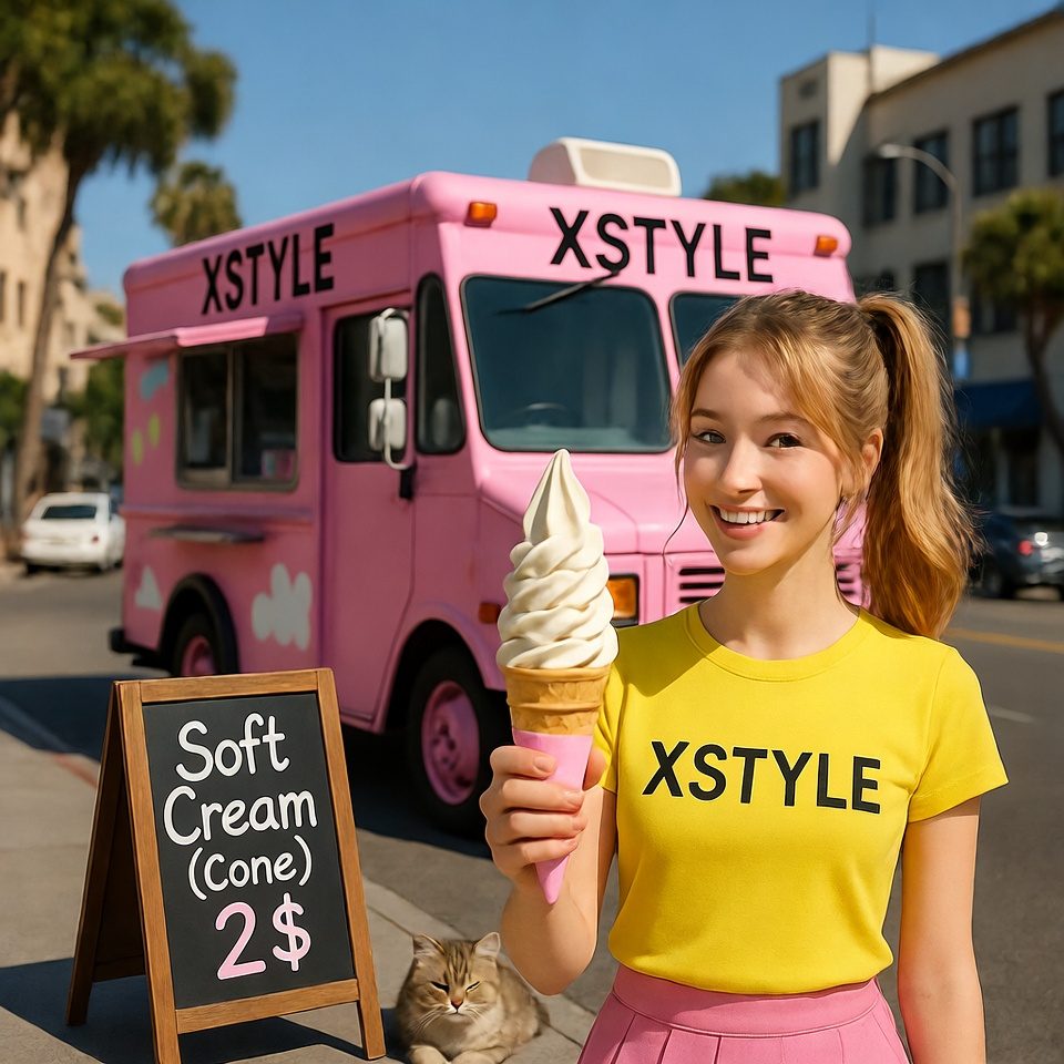 A smiling young woman in a yellow t-shirt and pink skirt holds a soft-serve ice cream cone in front of a pink ice cream truck.