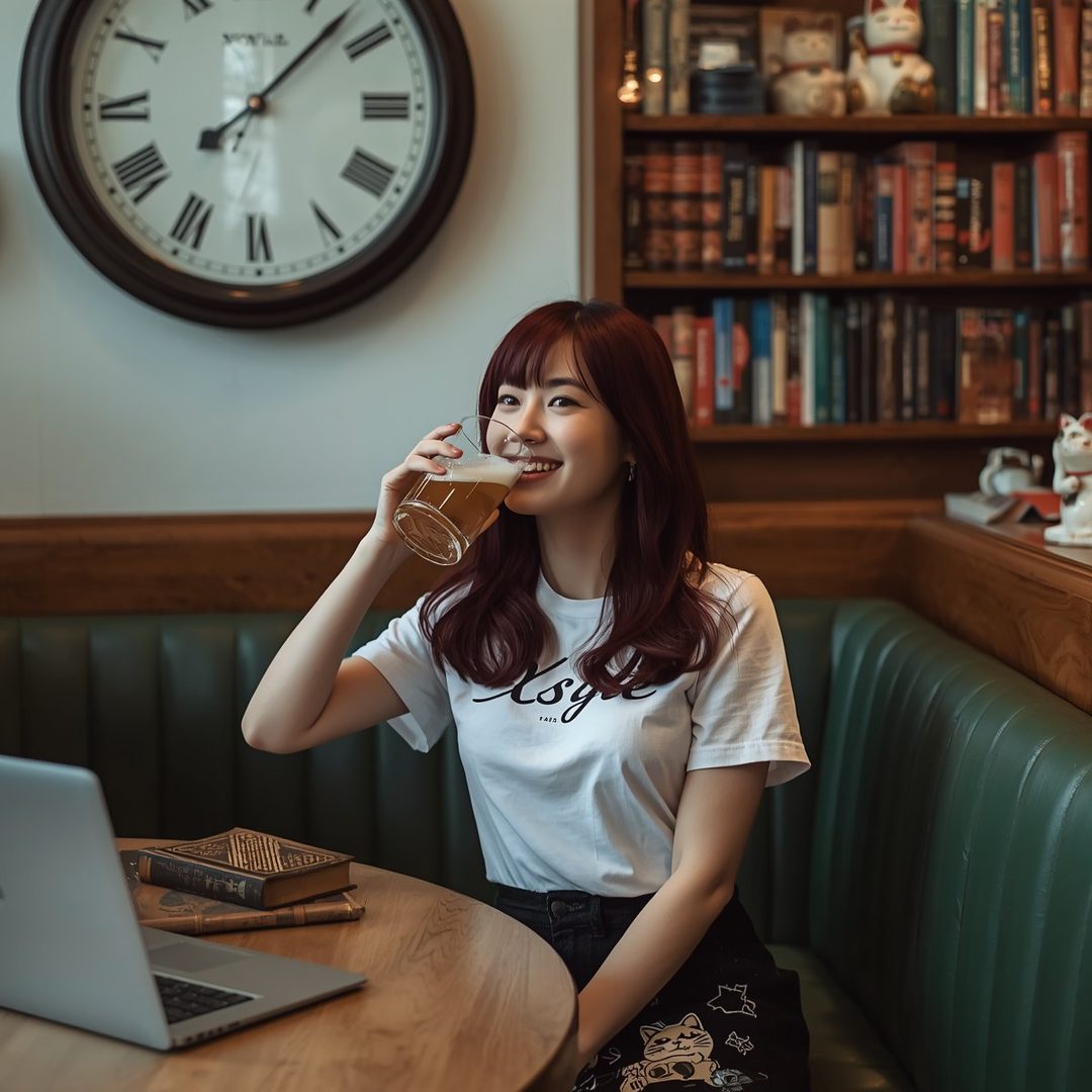 A young East Asian woman with long, reddish-brown hair is drinking from a glass of beer while sitting at a table in a cozy cafe with bookshelves in the background.
