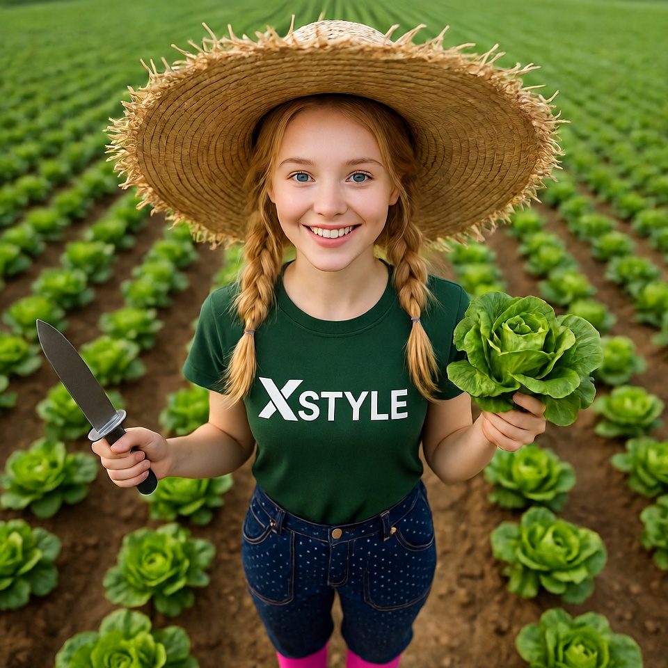 A young woman with blonde pigtails and a straw hat smiles while holding a lettuce and a knife in a lettuce field.