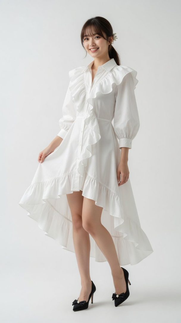 A young East Asian woman in a white ruffled high-low dress and black heels poses in a studio.