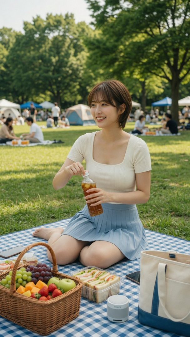 A young East Asian woman with short brown hair and bangs, wearing a cream top and blue skirt, enjoys a picnic in a sunny park, holding a bottle of iced tea.