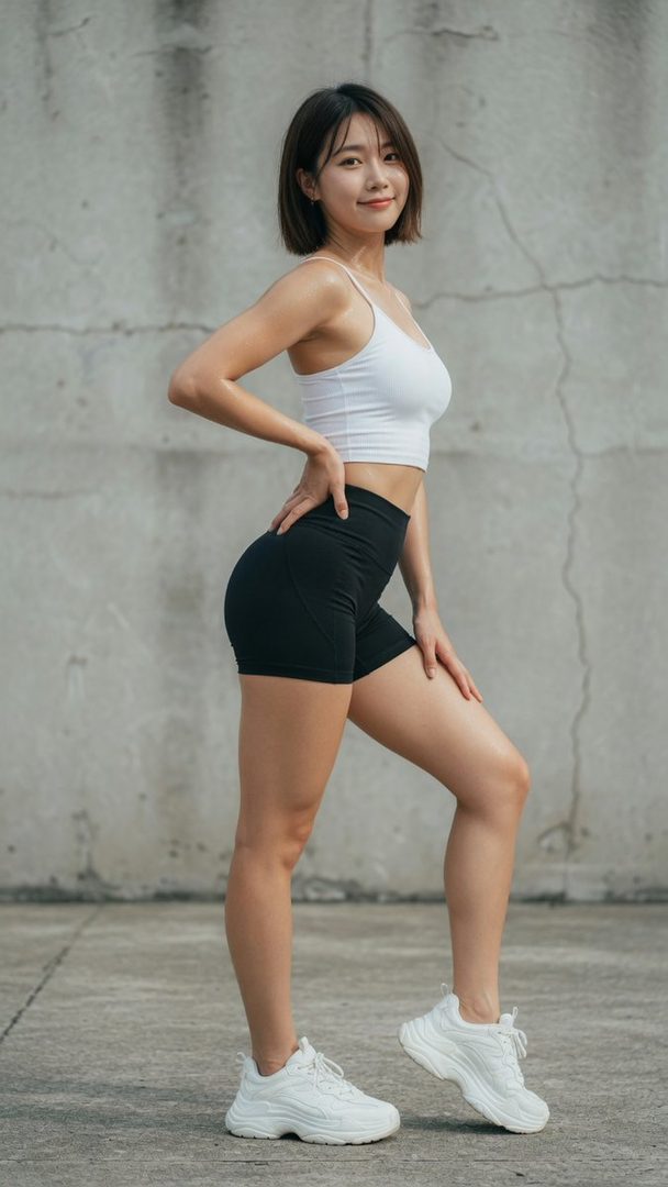 A young East Asian woman with short dark hair, wearing a white crop top and black athletic shorts, poses confidently outdoors against a concrete wall.
