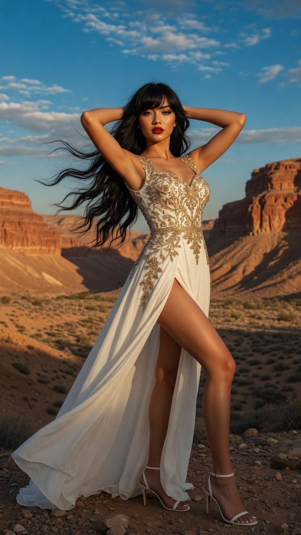Photorealistic portrait of a beautiful young woman in a white and gold embroidered gown with a high slit, posing in a desert landscape.