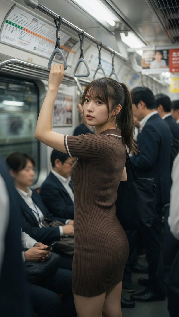 A young Japanese woman with a ponytail stands on a crowded train, holding a handrail and looking back at the camera.