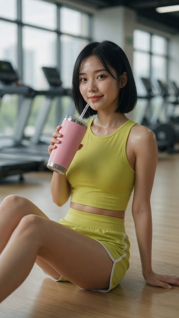 A young East Asian woman with short black hair sits on a gym floor, drinking from a pink tumbler after a workout.