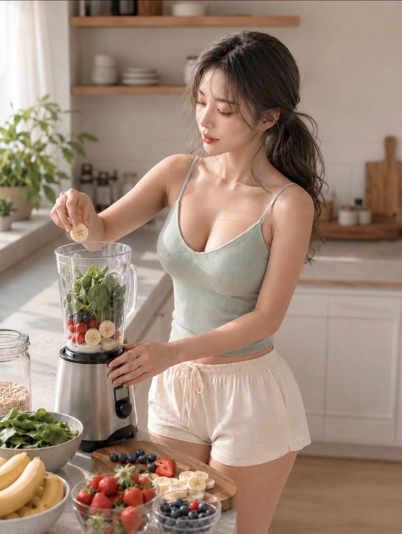 A young woman with dark hair in a ponytail is making a smoothie in a kitchen, wearing a light blue camisole and white shorts.