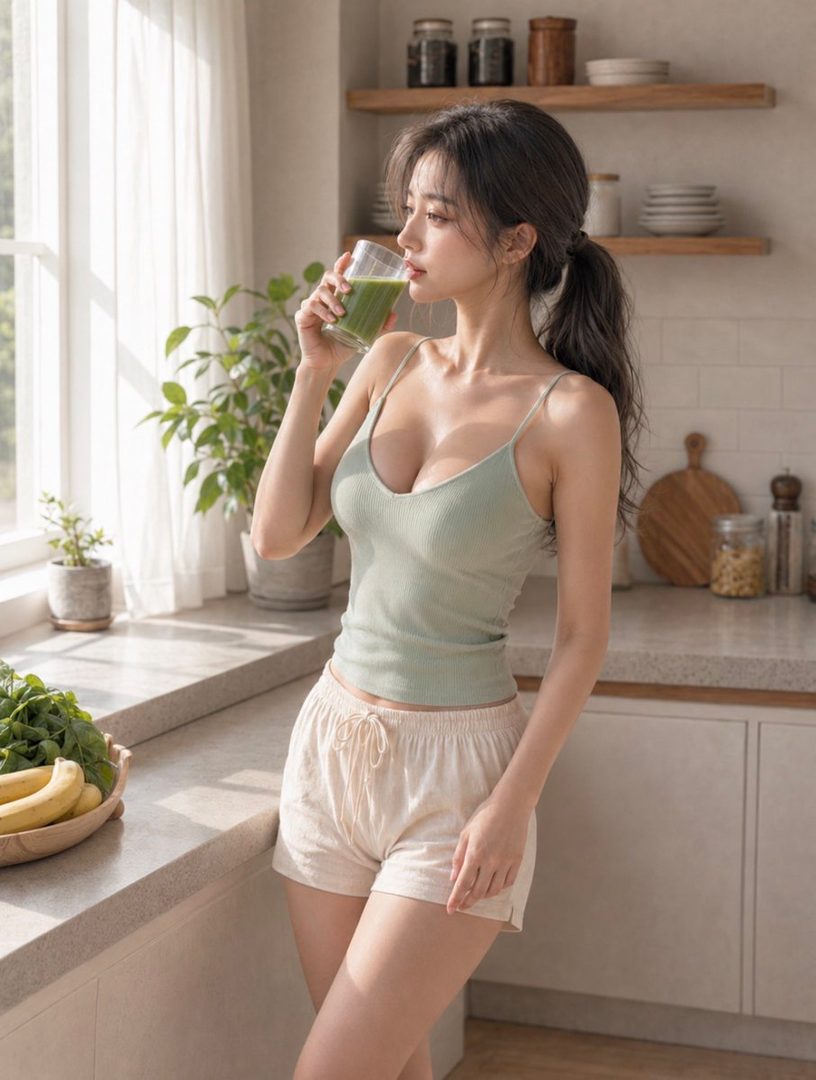 A young East Asian woman with dark hair in a ponytail drinks a green smoothie in a bright, modern kitchen.
