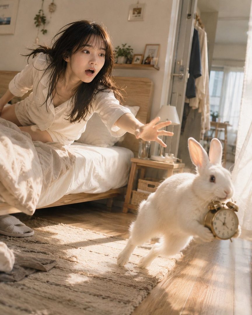 A surprised young woman in pajamas reaches out as a white rabbit runs away with an alarm clock in its mouth in a sunlit bedroom.