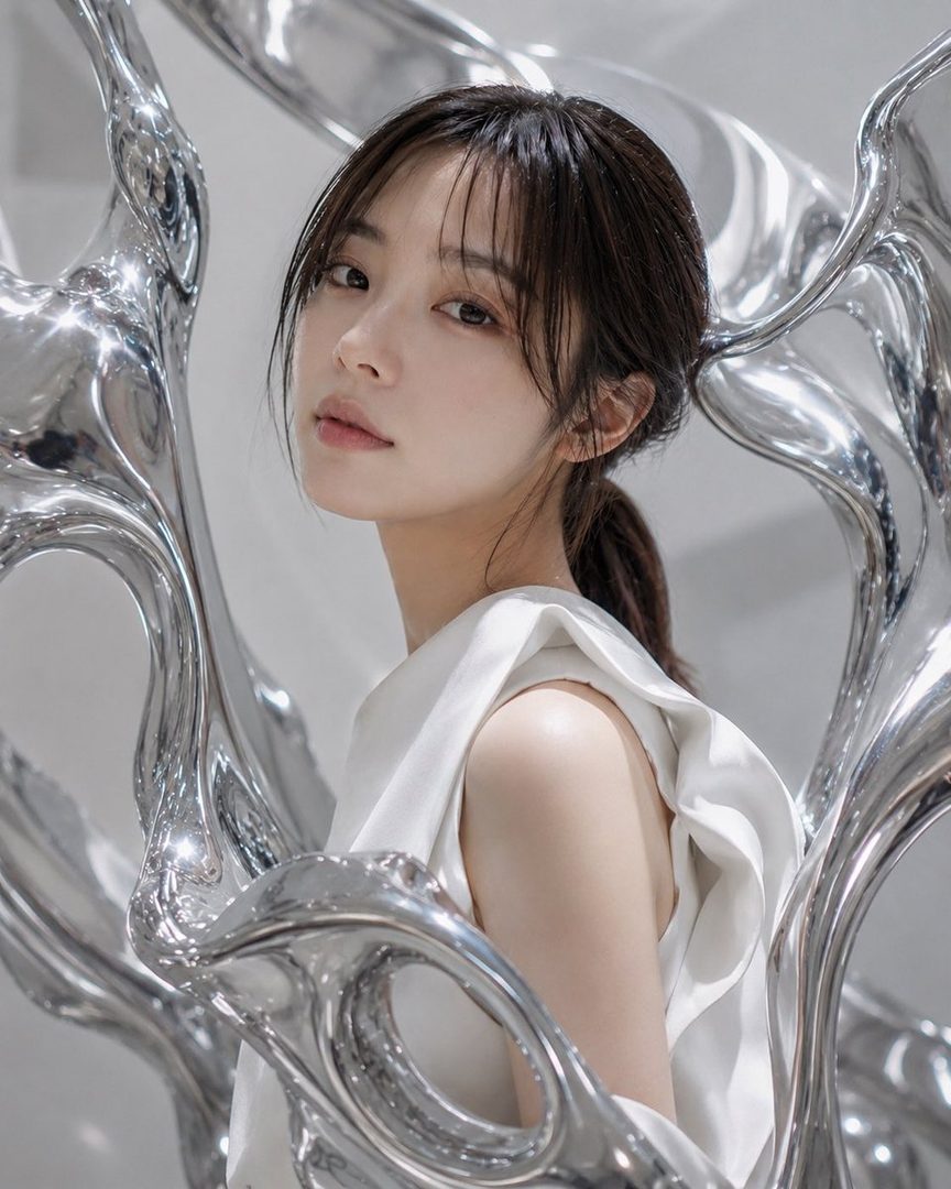 A portrait of an East Asian woman with dark hair in a ponytail, wearing a white sleeveless top, posing indoors with a metallic sculpture.