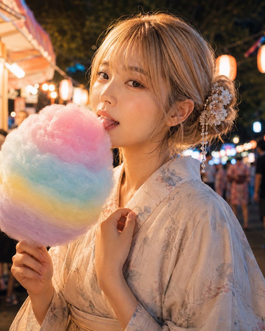 A young woman with blonde hair tied up, wearing a floral yukata, licks a large rainbow-colored cotton candy at a night festival.