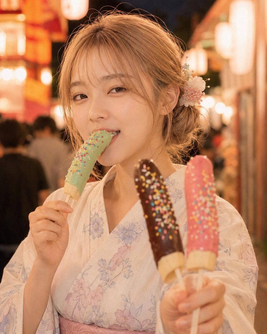 A young woman in a yukata eats a chocolate-covered banana with sprinkles at a night festival.