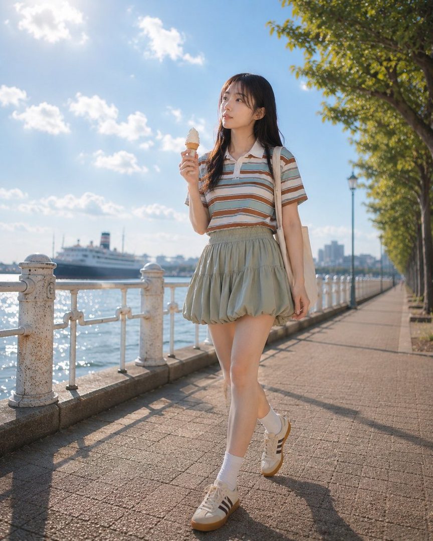 A young Japanese woman with long black hair walks along a waterfront promenade on a sunny day, eating an ice cream cone.