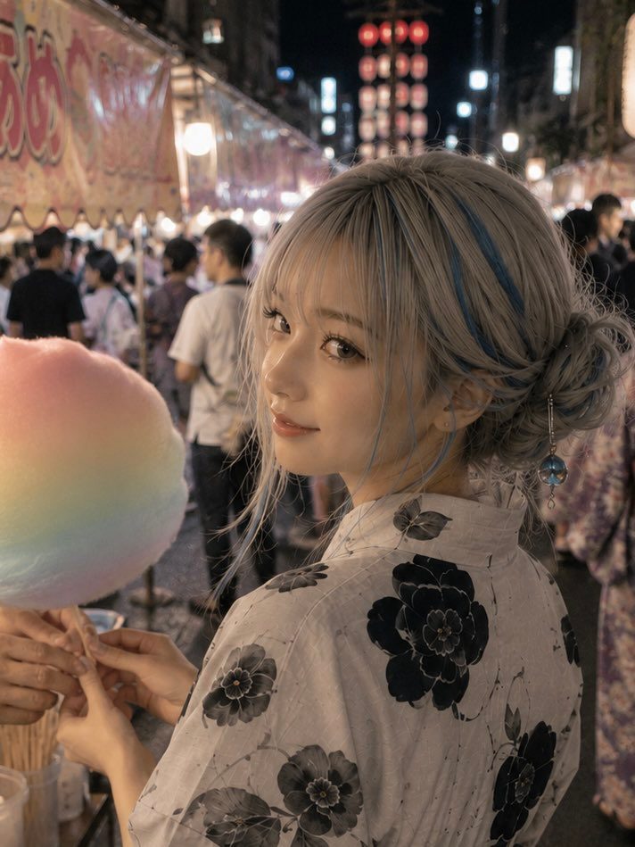 A young woman with silver hair and blue streaks, wearing a floral yukata, holds a large piece of cotton candy at a night festival.