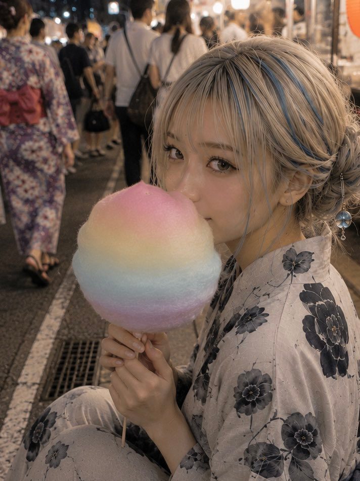 A young woman with blonde hair and blue streaks, wearing a floral yukata, holds a colorful cotton candy at a night festival.