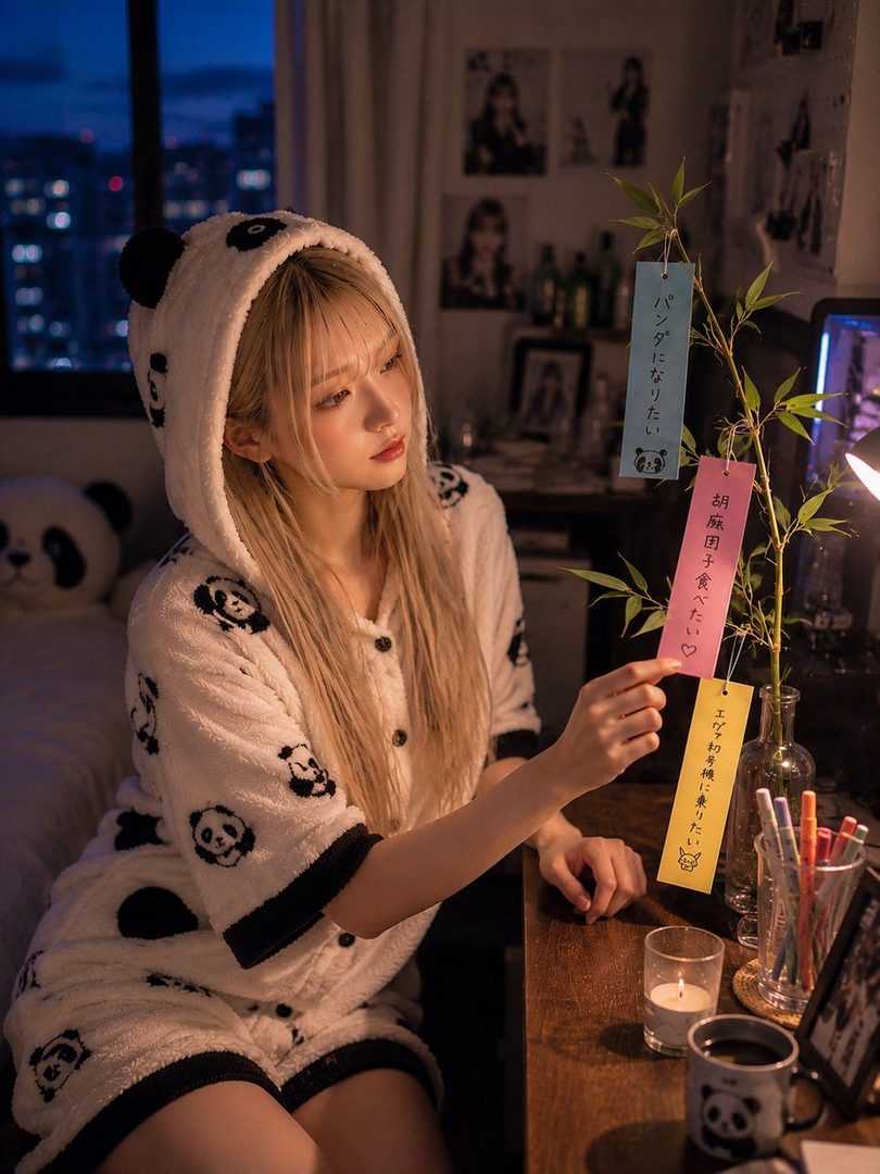 A young woman with blonde hair wearing a panda-themed pajama set, sitting indoors at night and looking at a bamboo branch with colorful wish tags.