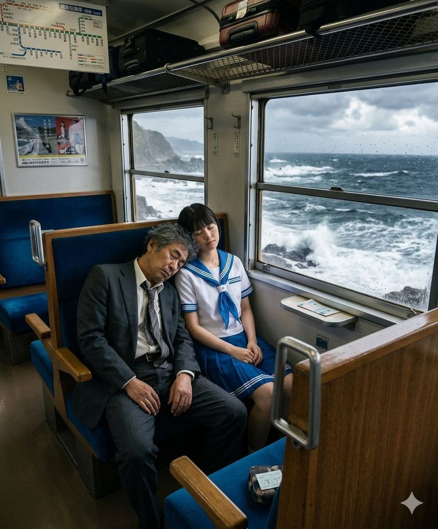 A man and a young woman in a school uniform sleep on a train, with the stormy sea visible through the window.