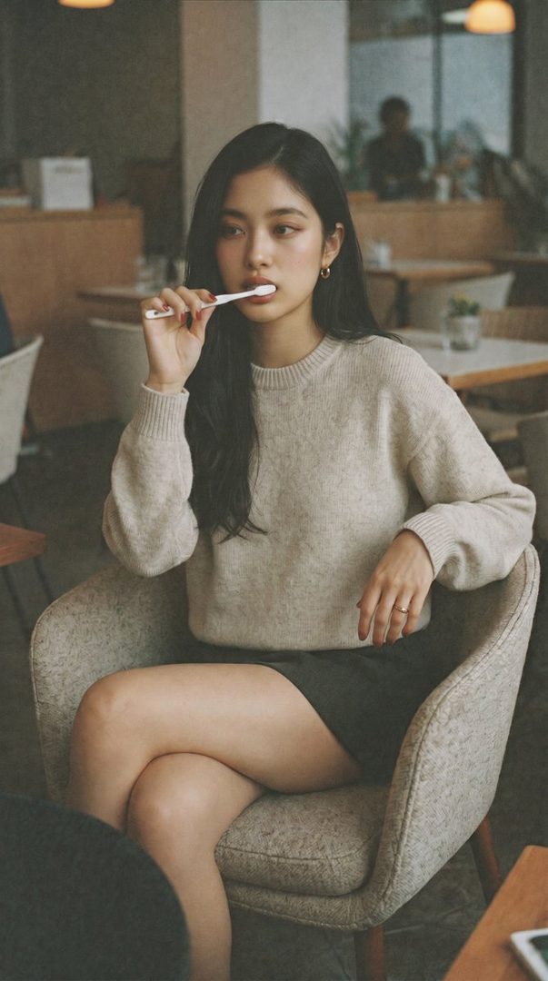A young East Asian woman with long black hair sits in a cafe, holding a toothbrush to her mouth, wearing a beige sweater and dark skirt.
