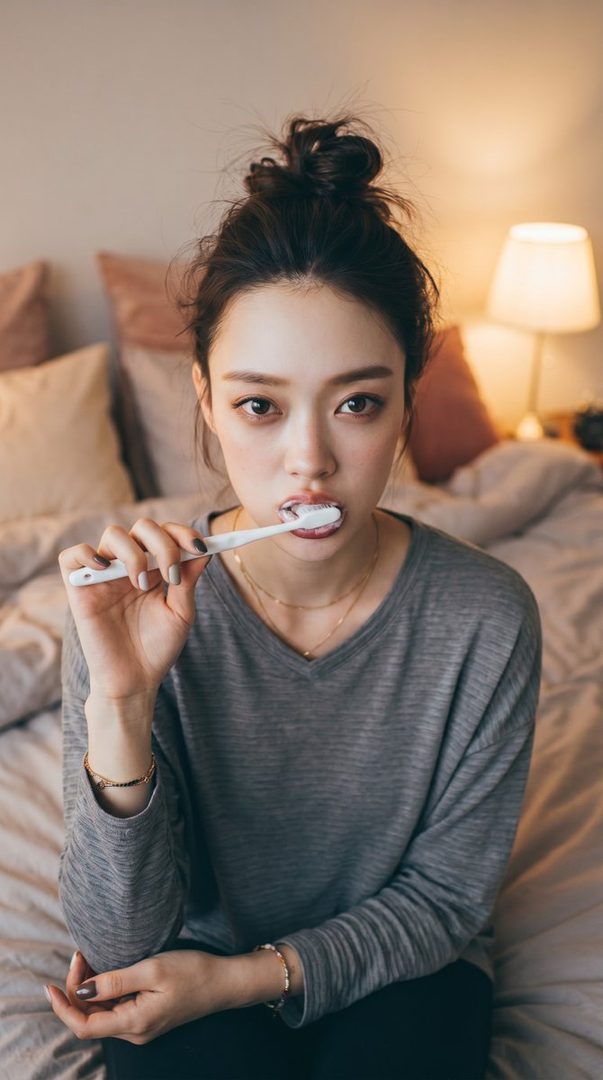 A young woman with her hair in a messy bun is brushing her teeth in bed, looking at the camera.