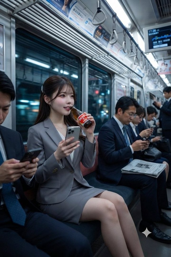 A young woman in a business suit drinks from a bottle of Oronamin C while riding a train at night, looking at her phone.