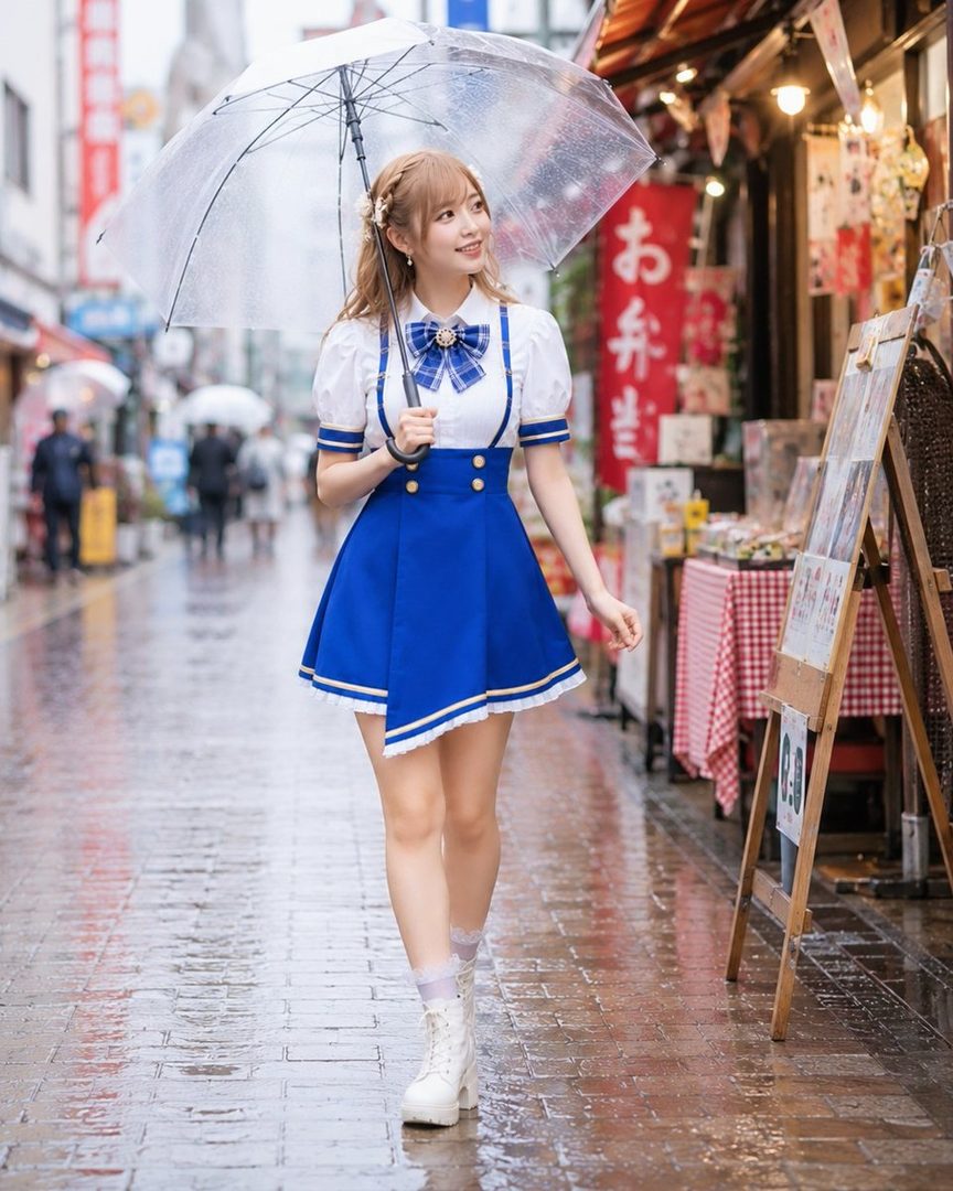 A young Japanese woman with braided brown hair, wearing a blue and white sailor-style dress, walks down a rainy street holding a clear umbrella.
