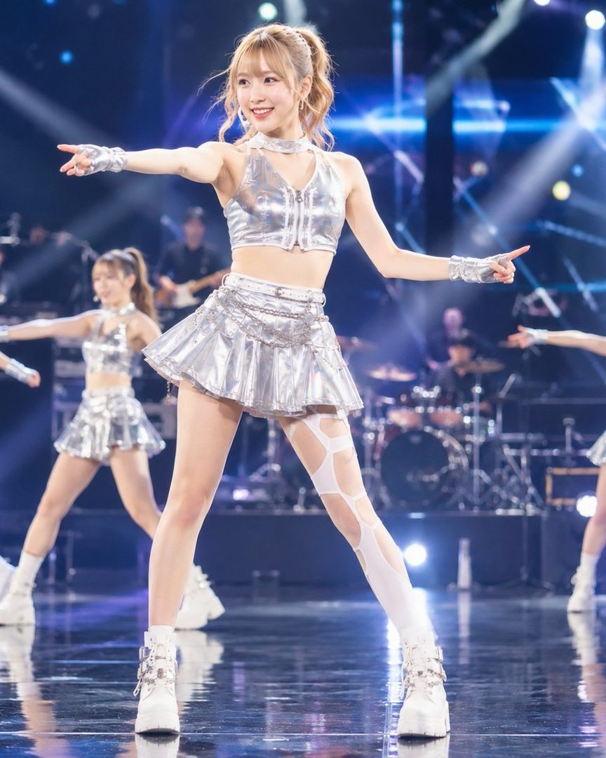 A young woman with blonde hair in a ponytail, wearing a silver crop top and a short silver skirt, performs on stage with a band in the background.