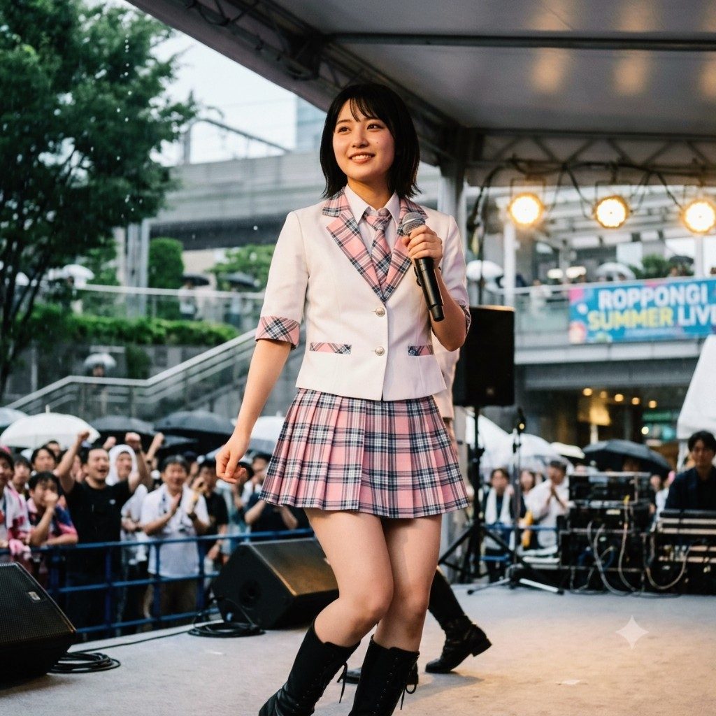 A young woman in a pink plaid school uniform and tie, holding a microphone on stage during an outdoor summer live event.