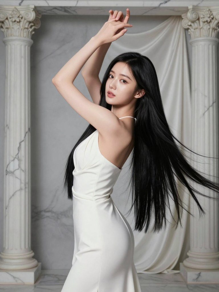 A young woman with long black hair poses elegantly in a white dress against a studio backdrop with classical columns.