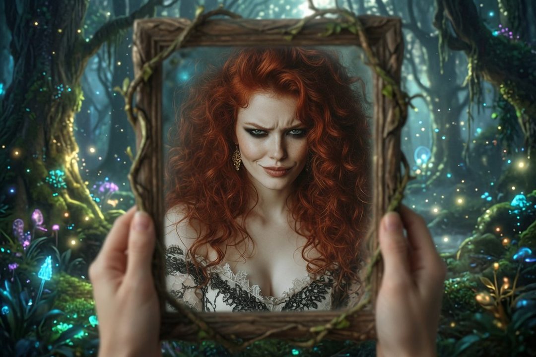 A woman with long, curly red hair and a mischievous expression looks into a rustic wooden frame held by two hands, set against a magical, glowing forest background.
