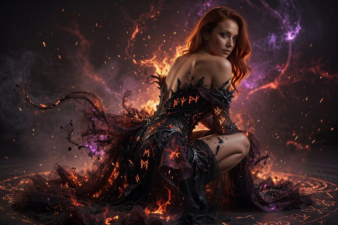 A woman with red hair in a dark, ornate dress with glowing runes, posing amidst swirling smoke and embers.