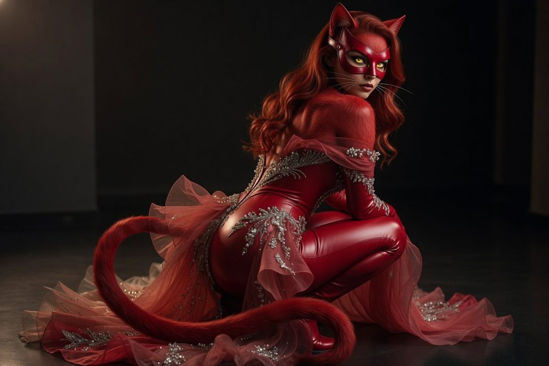 A woman in a red catwoman costume with a mask and tail, posing indoors.