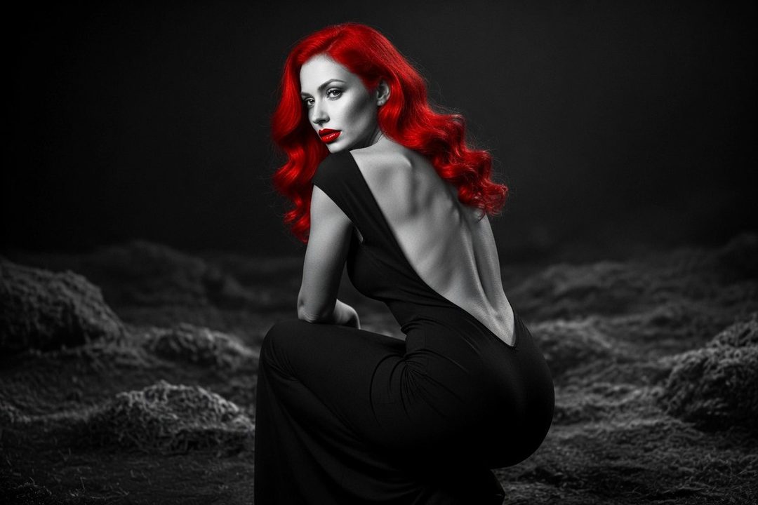 A woman with vibrant red hair and red lipstick, wearing a black backless dress, poses in a dark, textured outdoor environment.
