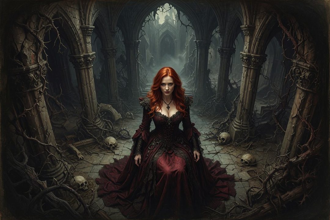 A woman with long red hair and a dark gothic dress sits in a ruined gothic courtyard surrounded by skulls and thorny vines.