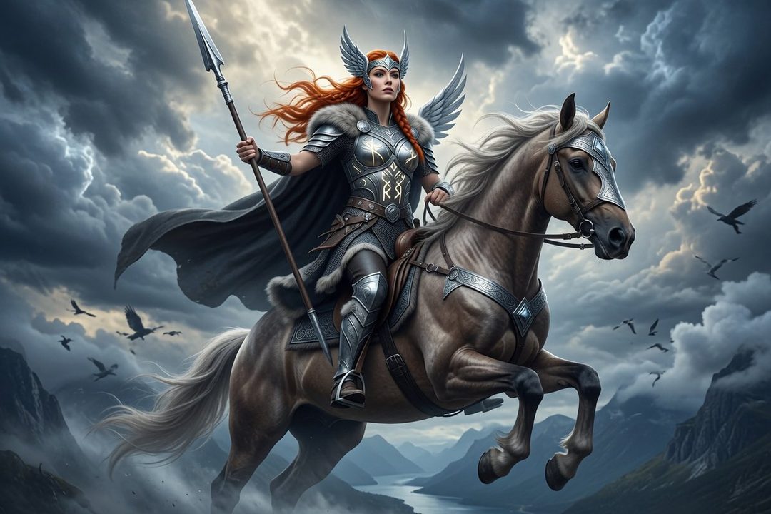 A fierce Valkyrie with flowing red hair, wearing ornate silver armor and a fur-lined cape, rides a powerful horse through a dramatic, cloudy sky with mountains in the background.
