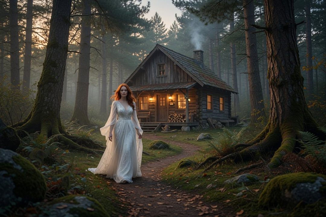 A woman with long red hair in a flowing white dress walks on a path towards a rustic cabin in a misty forest.