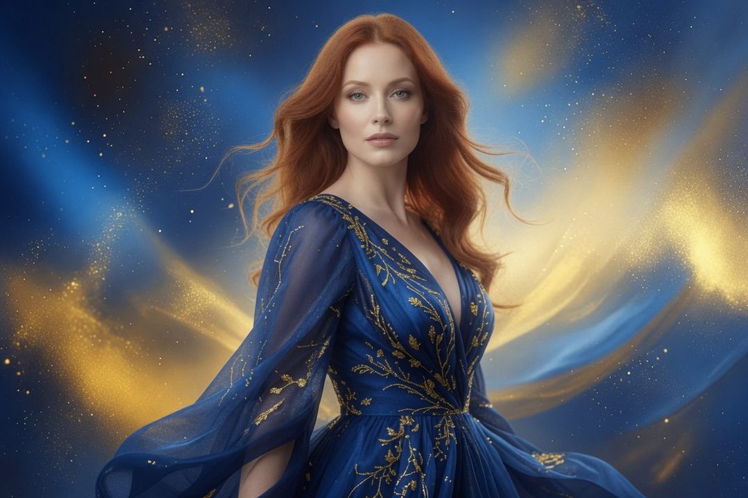 A beautiful woman with long, flowing red hair and a deep blue, gold-embroidered gown poses against a starry, cosmic background.