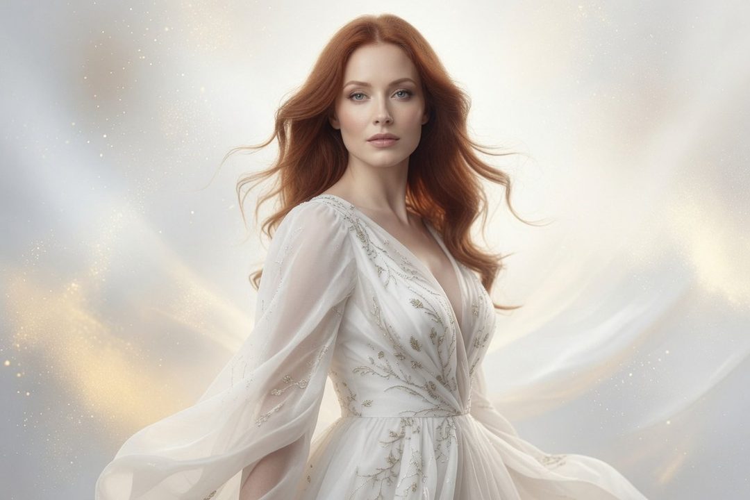 A photorealistic portrait of a woman with long, flowing red hair, wearing an elegant white dress with intricate embroidery, set against a soft, ethereal background with golden light.