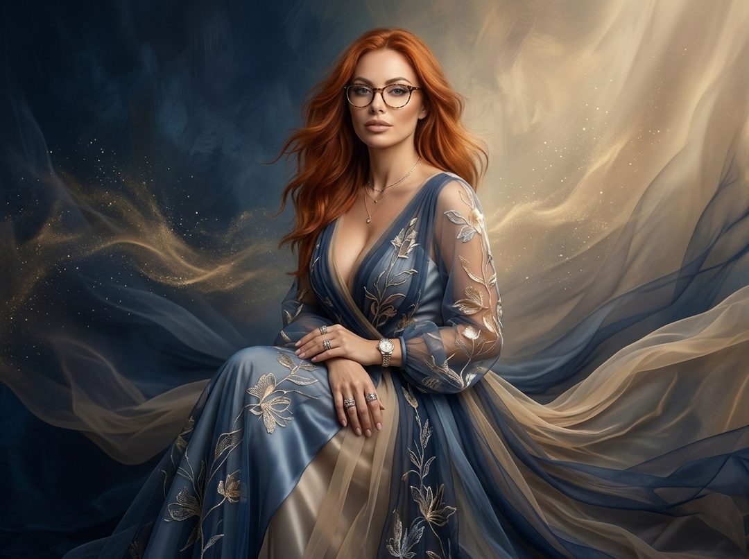 A photorealistic portrait of a woman with long red hair and glasses, wearing a blue and gold dress, sitting elegantly.